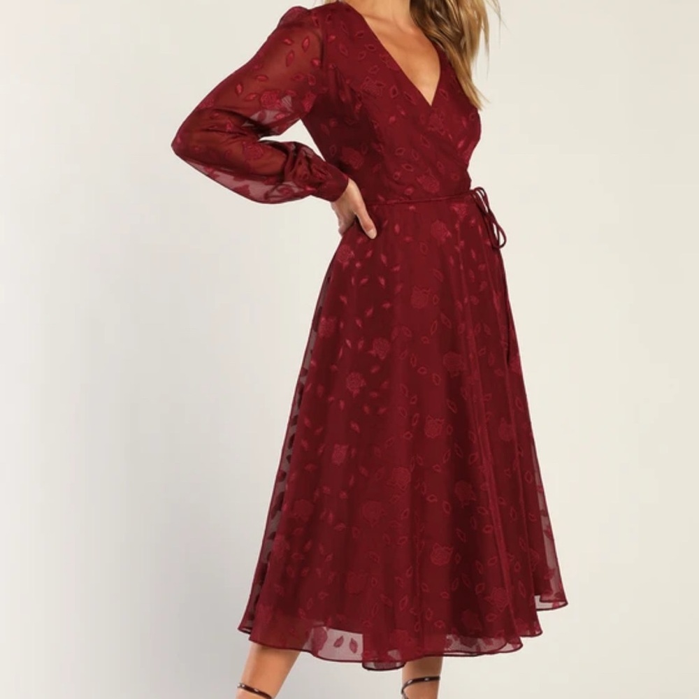 Lulus Evening of Elegance Jacquard Wrap Dress XL Burgundy